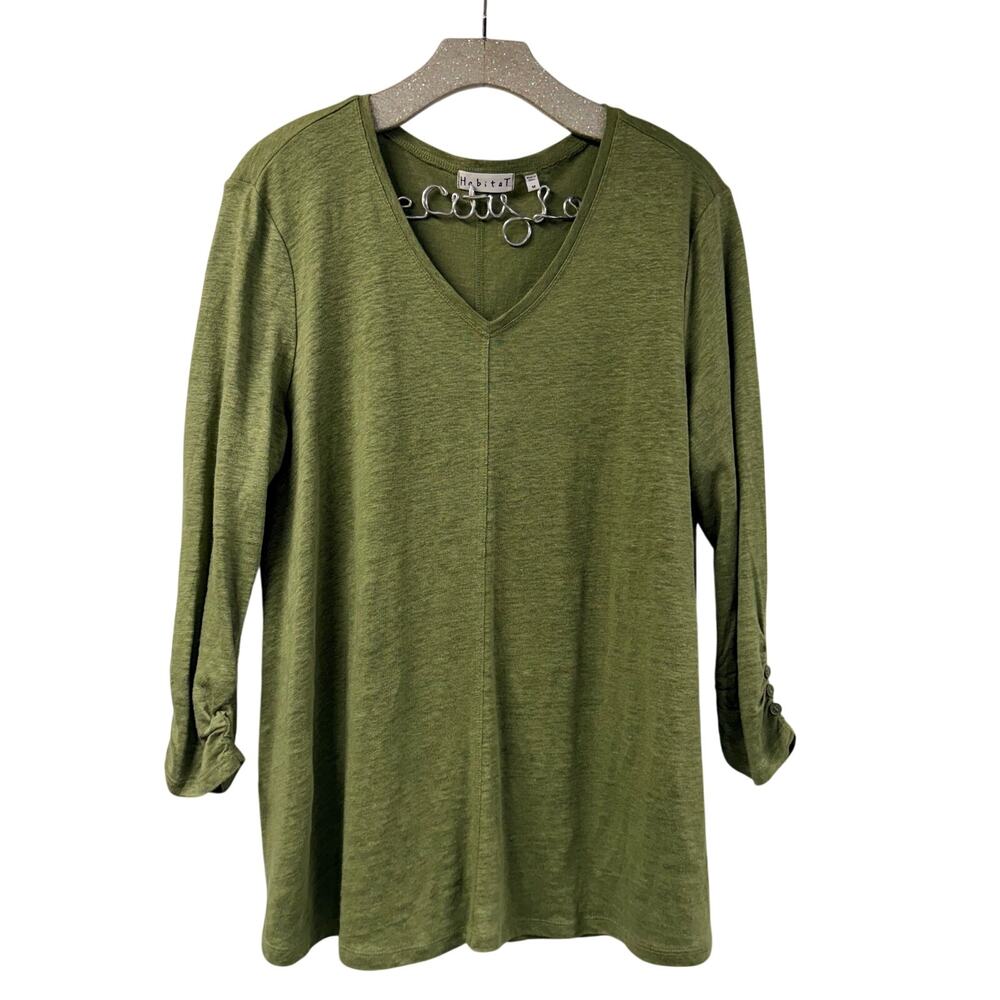 Habitat Green V Neck Top 100% Linen Knit Shirt Medium
